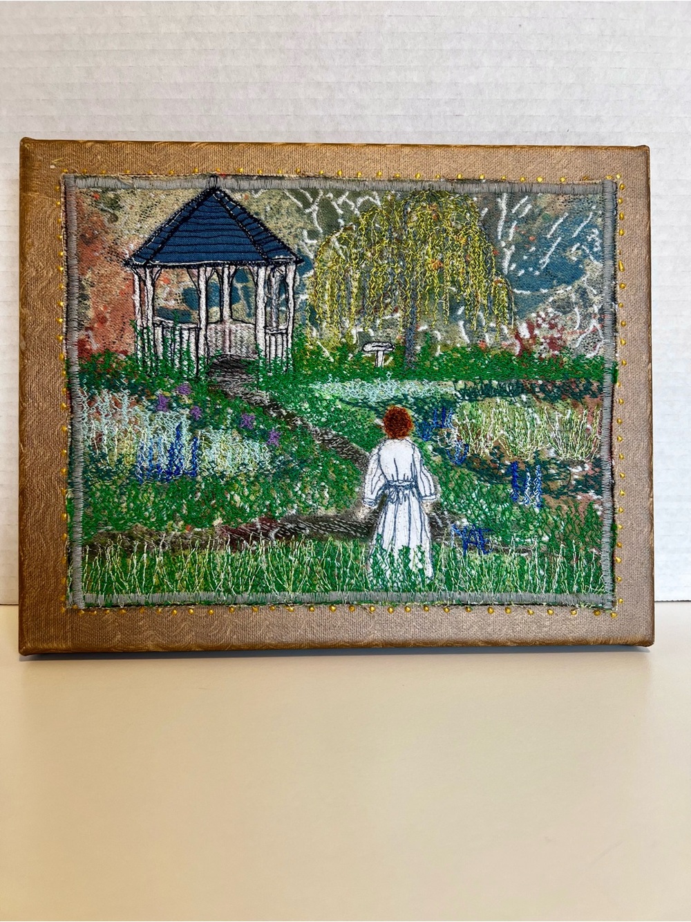 Vintage PEI Fabric Textile Art Signed Margaret A England  Cottage-core 8x10